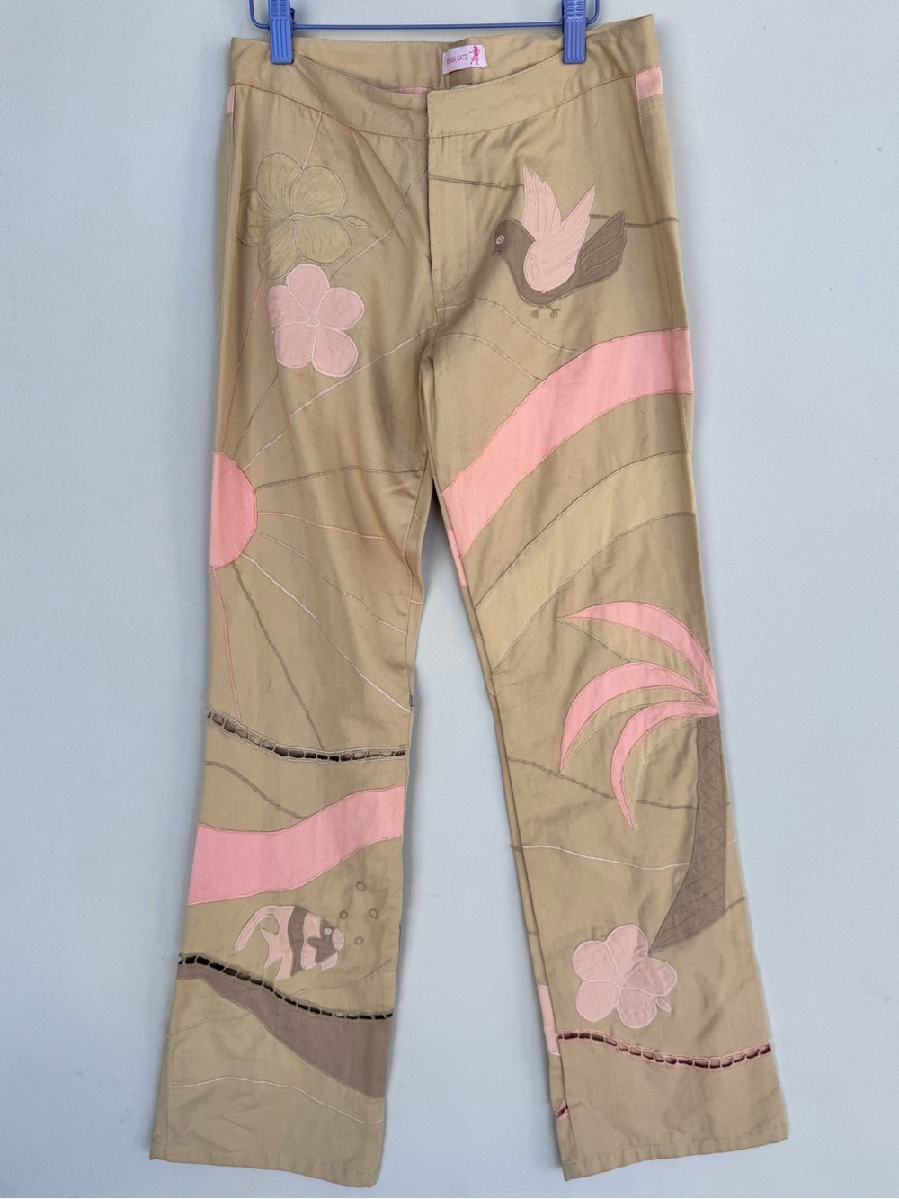 Tamara Catz Beige Pants with Tropical Pink Appliqué